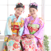 七五三7歳正絹着物レンタル　水色紫　双子姉妹撮影　世田谷区 喜多見 狛江